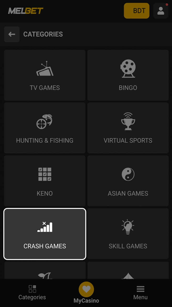 Go to the casino section and go to Melbet's crash games section.