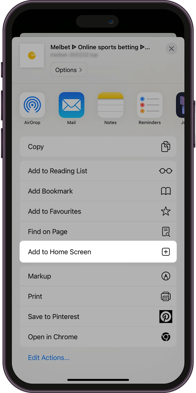 Click on the Add to Home Screen button to add the Melbet app.