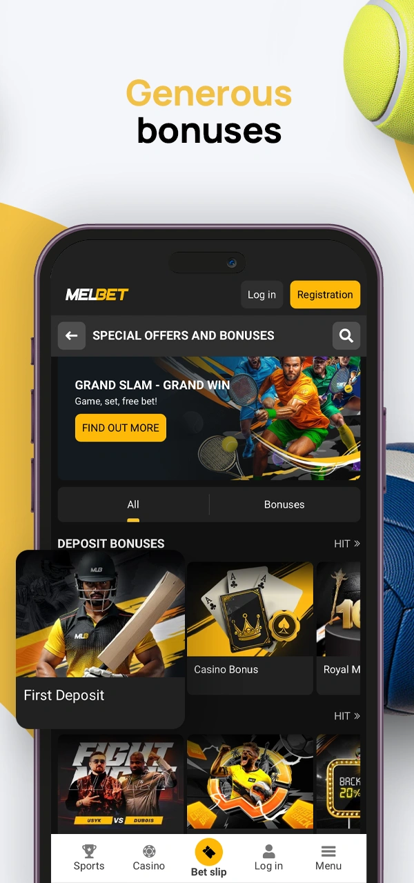 A screenshot of the Bonuses and Promotions section of the Melbet Bangladesh app with welcome and other offers.