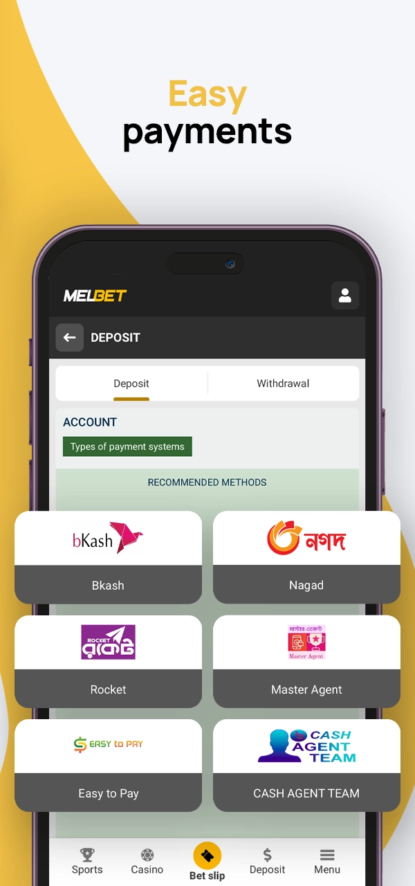 A screenshot of the deposit and withdrawal section with payment methods at Melbet casino.