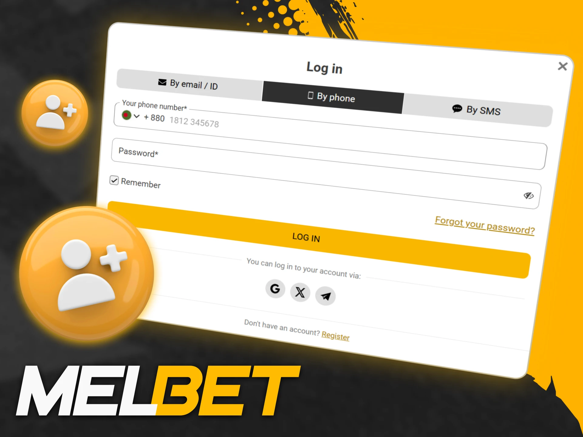 Log in to your official Melbet account using phone number or email.