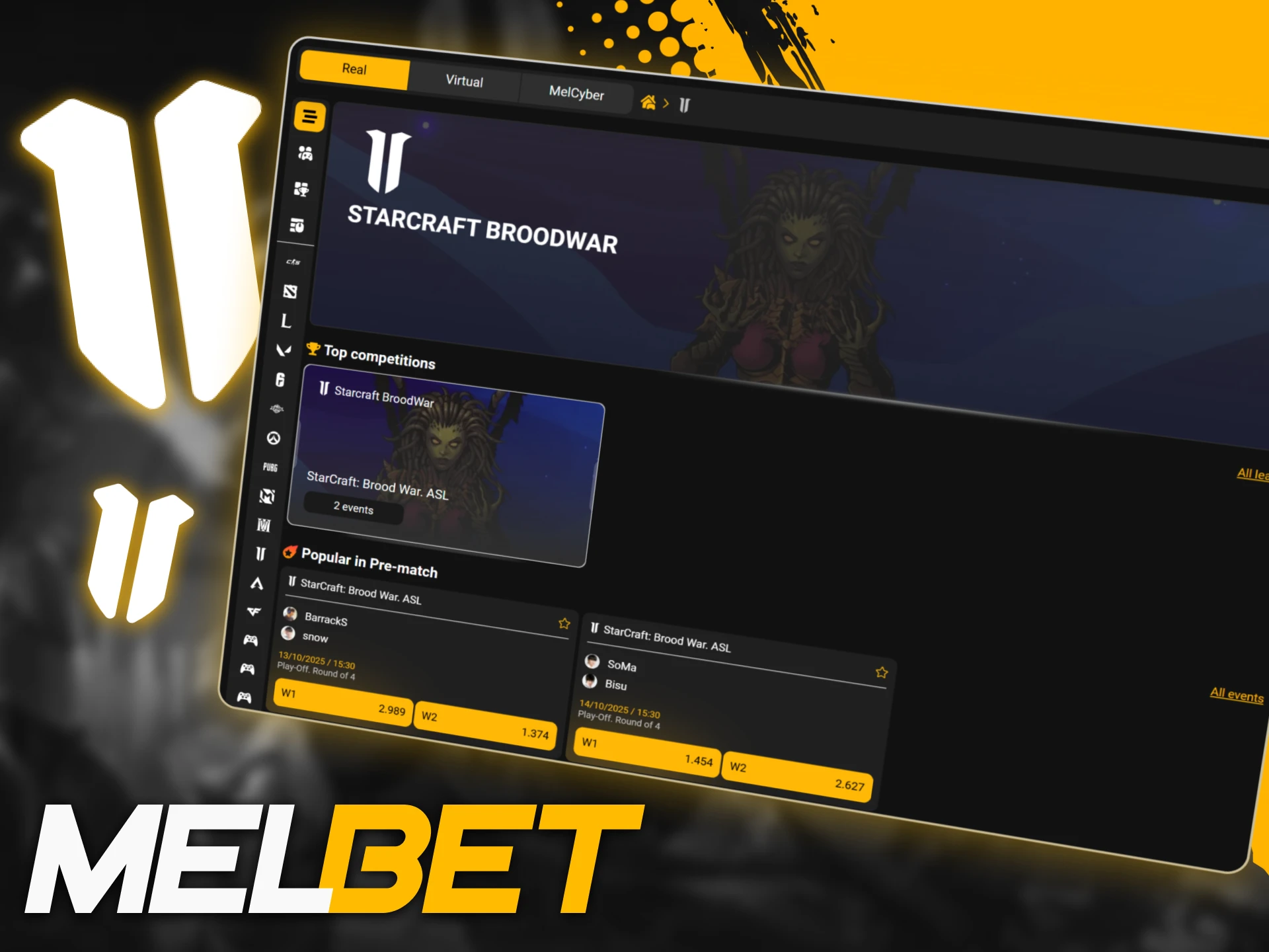 Bet on StarCraft 2 tournaments like ESL Masters and GSL at the official Melbet site.