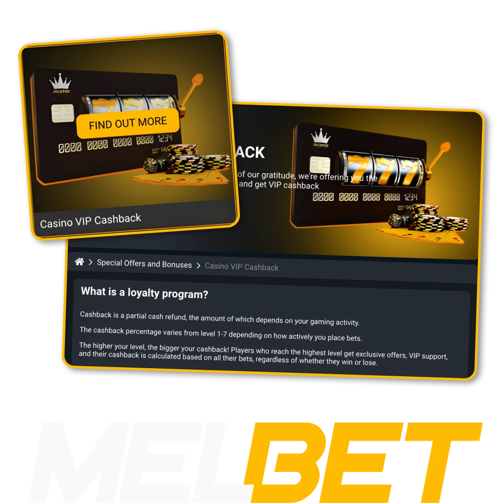 Join the VIP program at Melbet online casino and activate the VIP Cashback bonus.